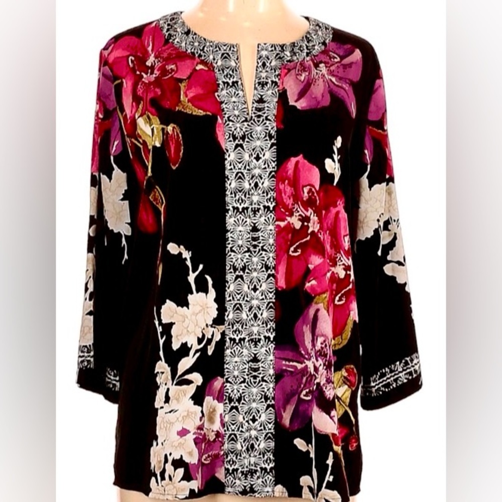 🌺Chico's Orient-Asian Inspired Red & Pink Floral on Black Print Silky Blouse, M